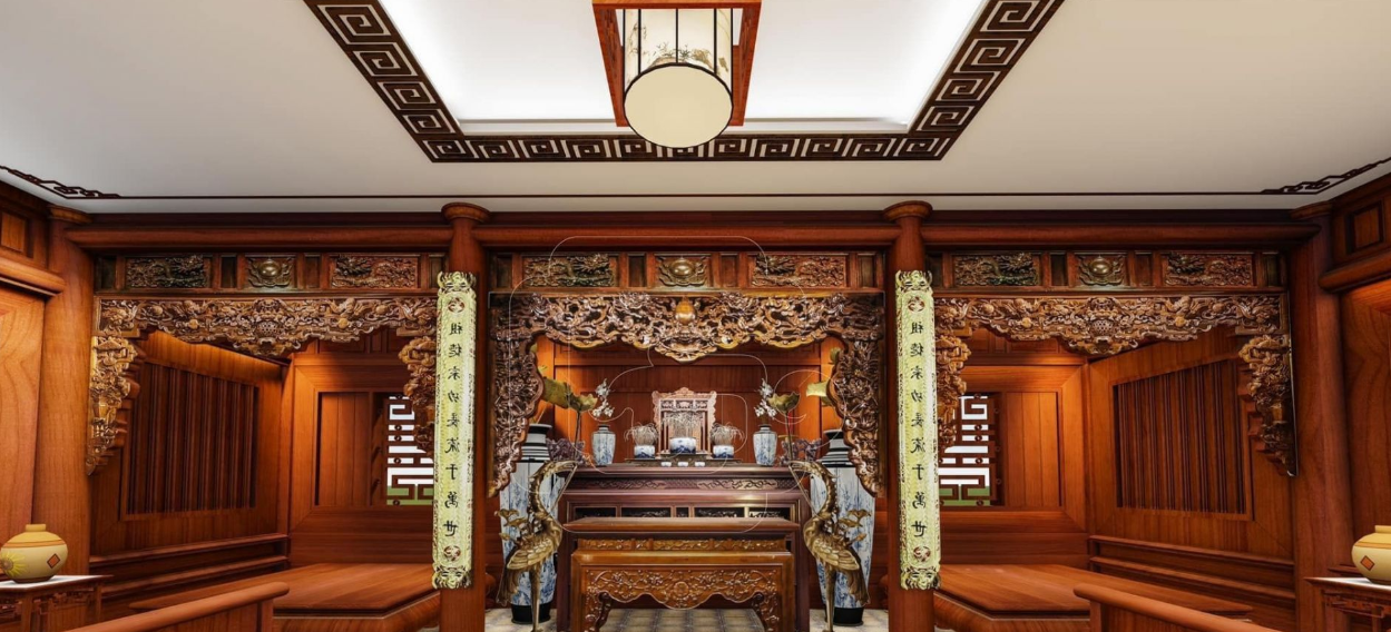 Gian Thờ 3 gian Dòng Họ với Cửa Võng, Hạ Xà, Hoành Phi Câu Đối